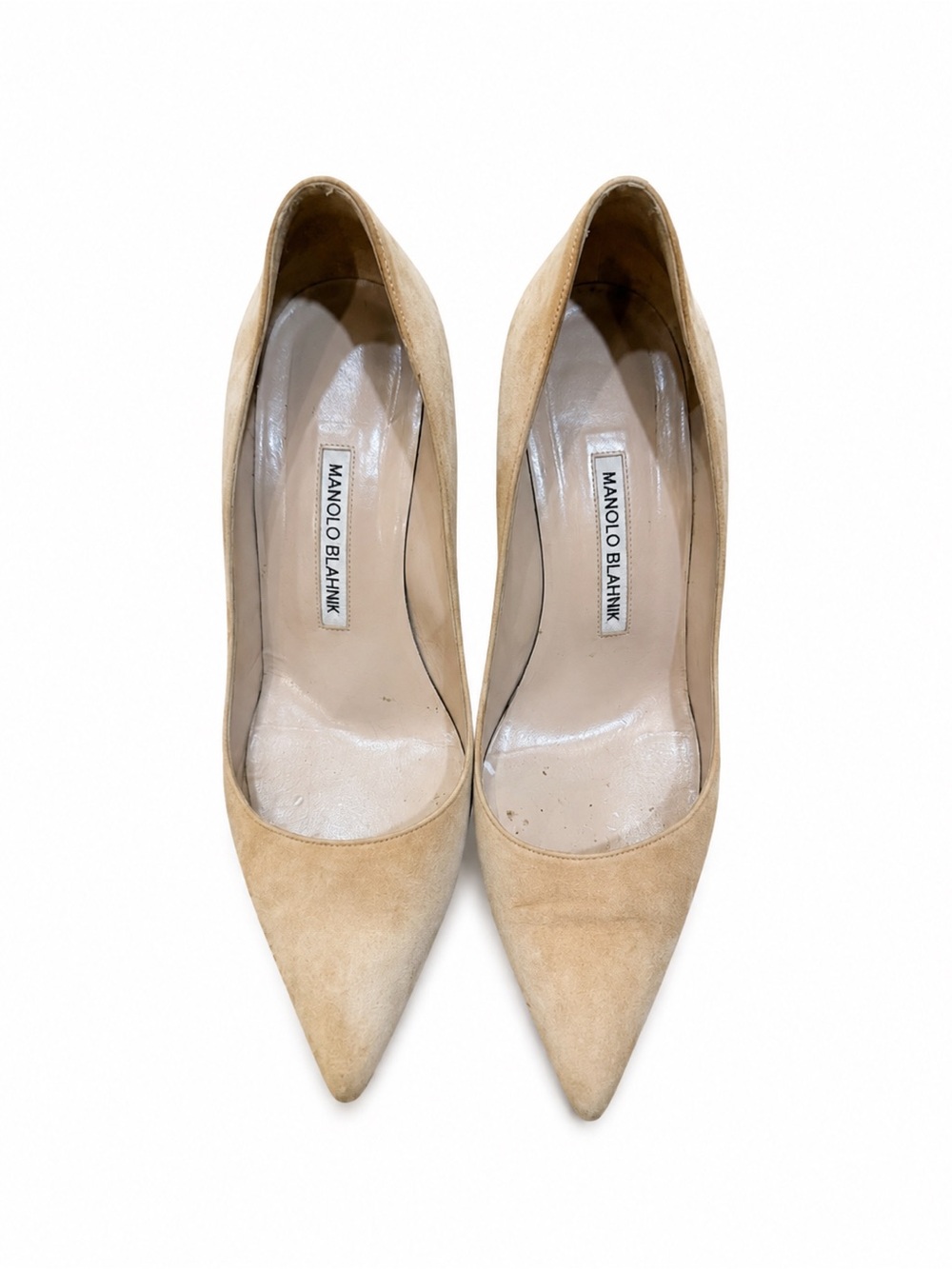 Manolo Blahnik Nude Beige Suede Pointed Toe Pumps 37.5 w/ Box